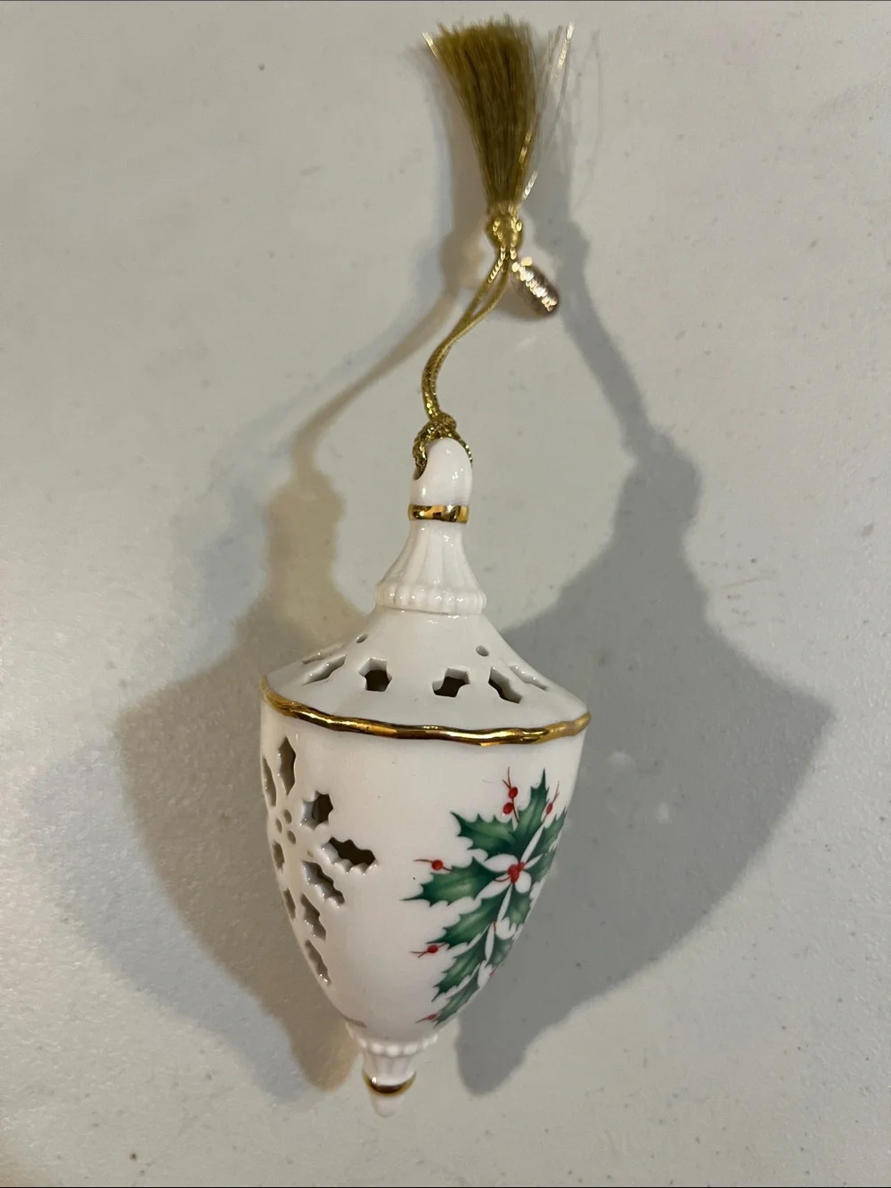 Lenox White, Green and Gold Holly Tassel Bell Ornament